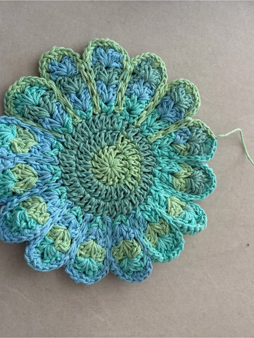 Handmade Crochet Flower Trivet in Green and Blue